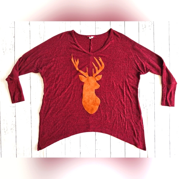 Silvercute Tops - Silvercute Western Suede Deer Buck Graphic Longsleeve Red Dolman Top Flowy Shirt